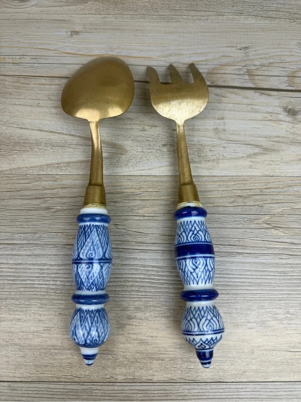 Brass Serving Utensils with Hand Painted Porcelain Handles Vintage